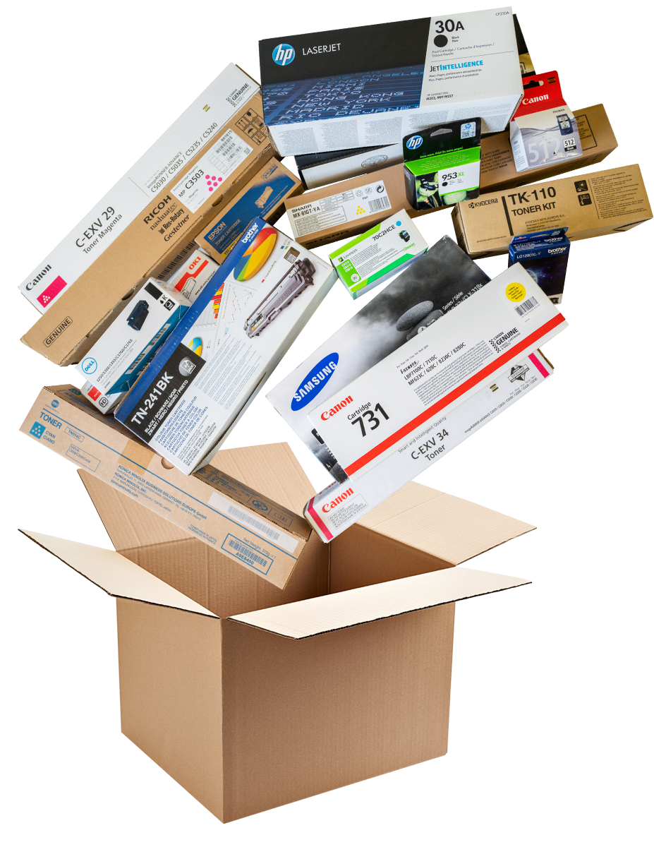 Illustration du contenu d'un carton avec des toners et cartouches d'imprimante