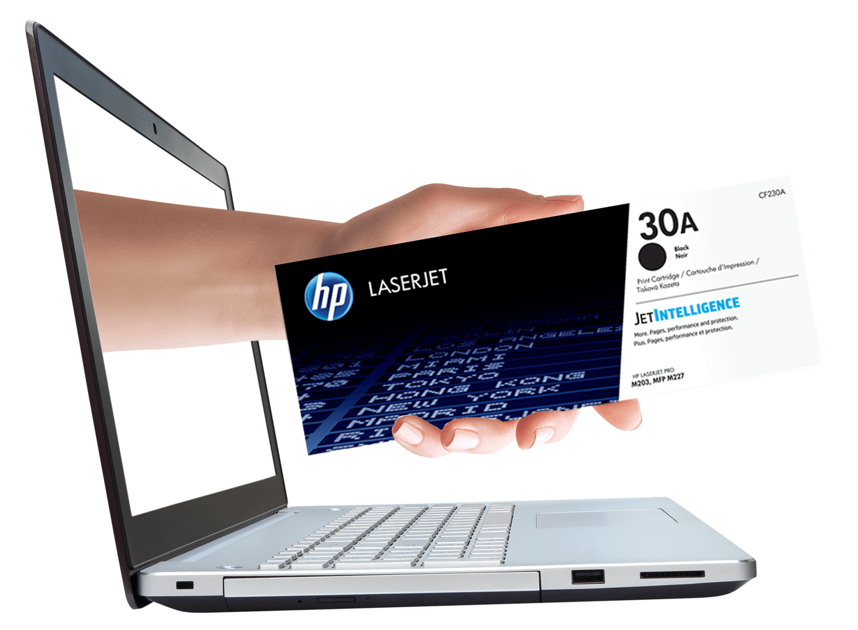 Illustration d'une main qui tient un toner et qui sort de l'ordinateur