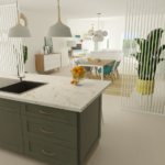 Une cuisine avec un évier et une salle à manger en arrière plan.