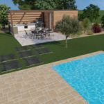 Une impression d'artiste d'une maison avec piscine et patio.