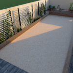 Un rendu 3D d'un patio avec une clôture et des plantes