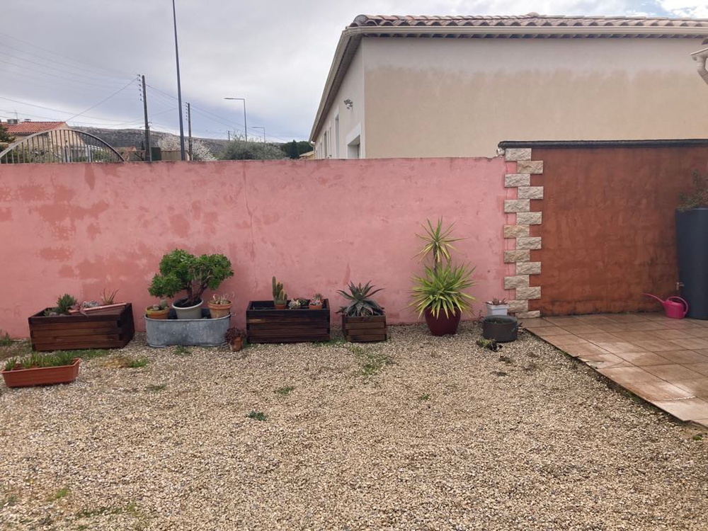 Un mur rose avec beaucoup de plantes en pot devant