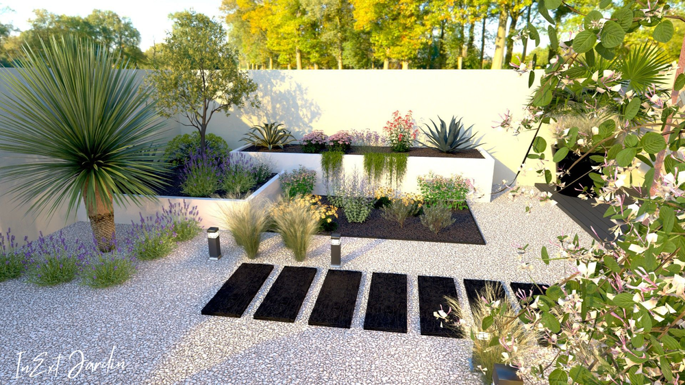 Un rendu 3D d'un jardin avec beaucoup de plantes et d'arbres.