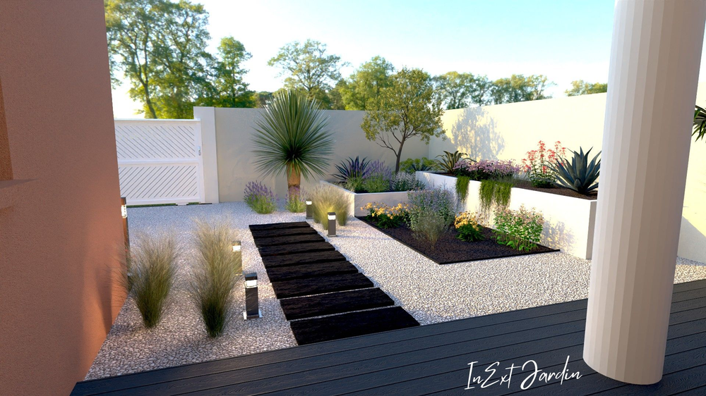 Une image générée par ordinateur d'un jardin avec une passerelle qui y mène.