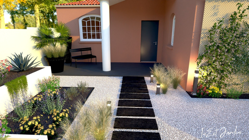 Un rendu d'une maison avec une passerelle qui y mène