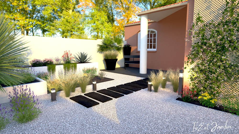 Un rendu 3D d'un jardin avec une maison en arrière-plan.
