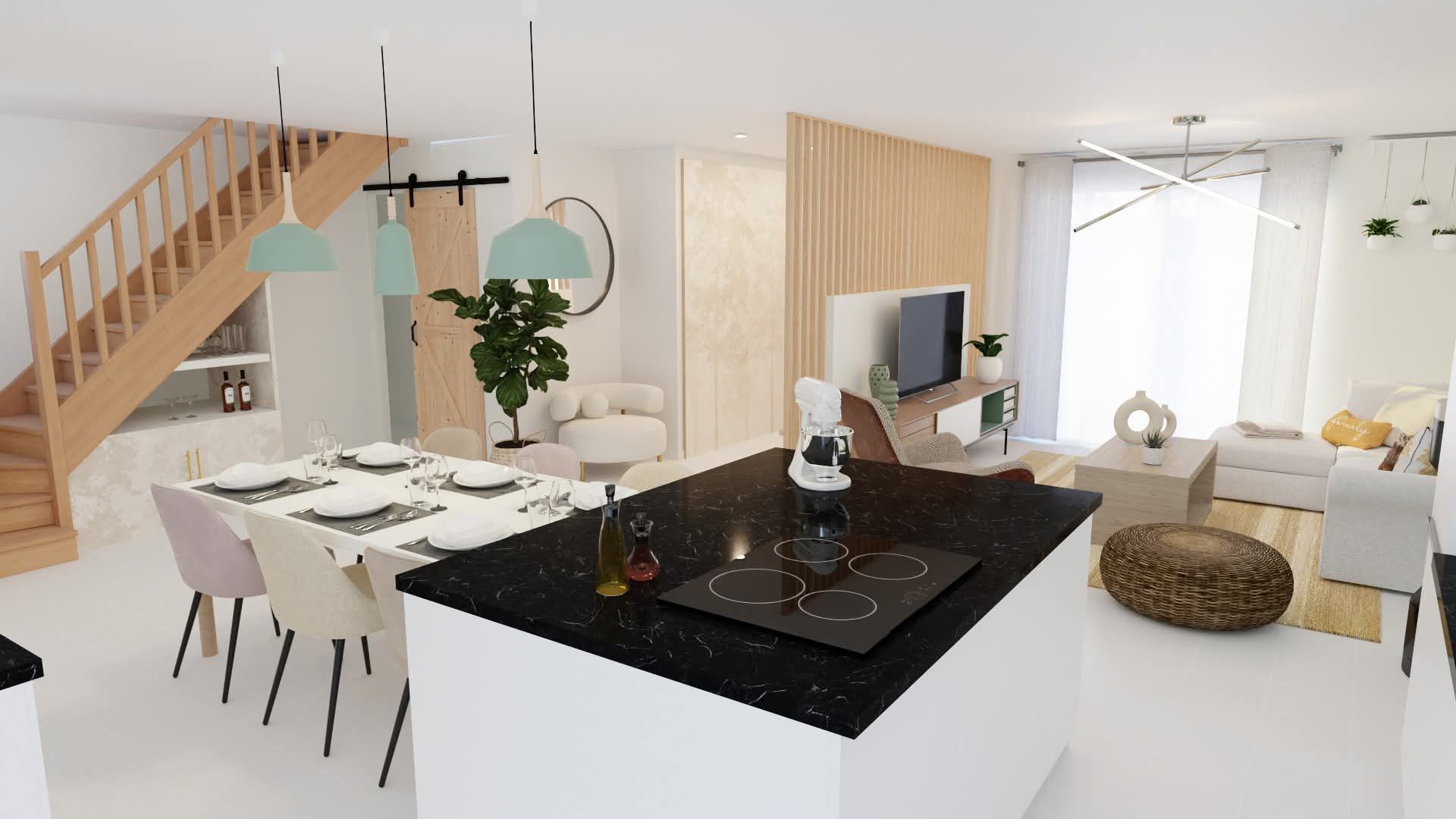 Un salon avec une table à manger et des chaises et un escalier.