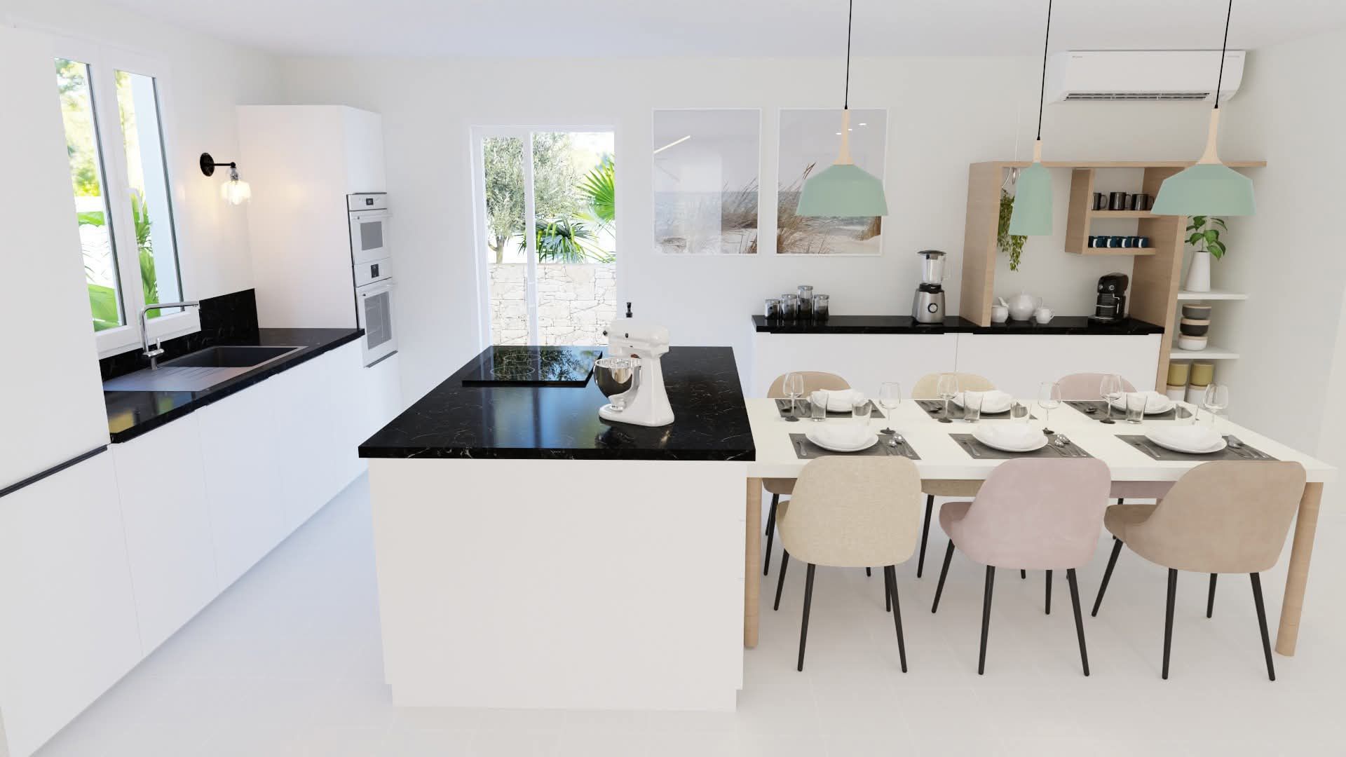 Une cuisine avec une table et des chaises