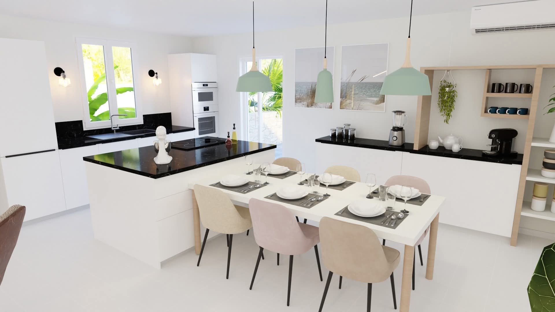 Une cuisine avec une table et des chaises