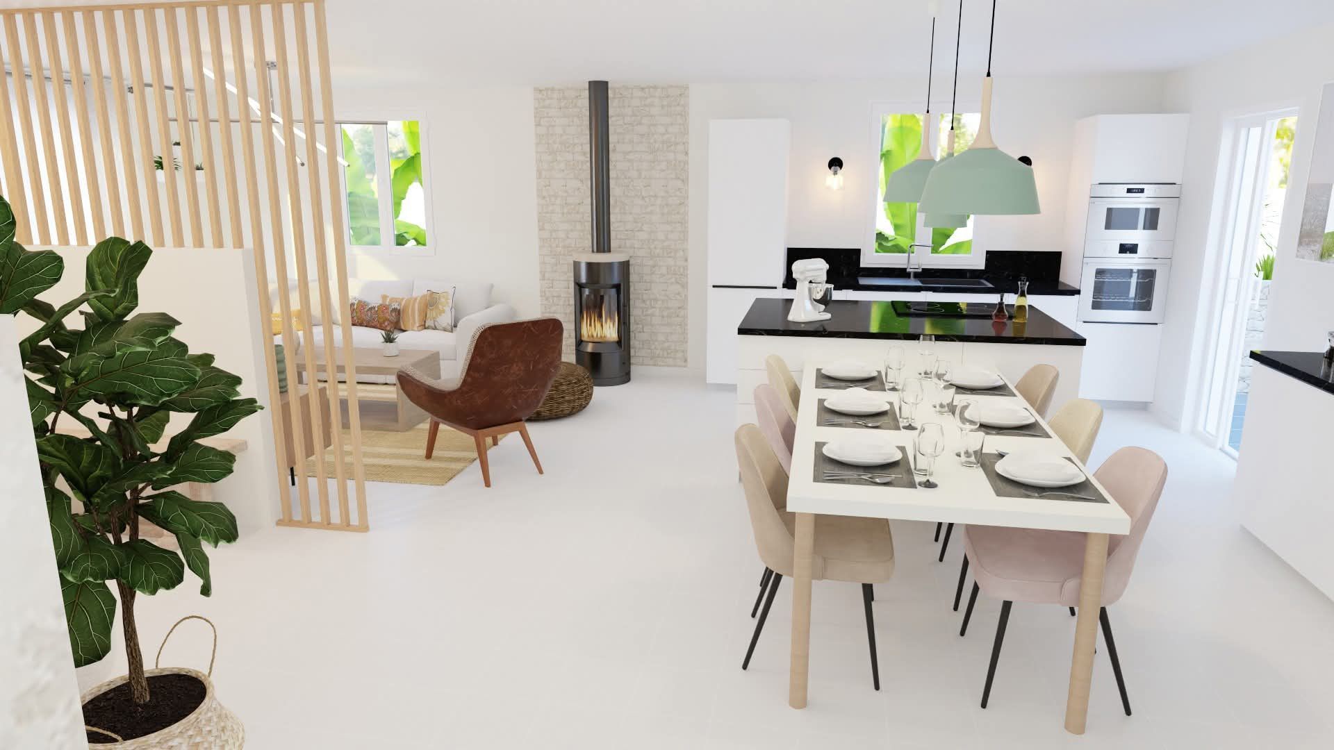 Il y a une table à manger et des chaises au milieu de la pièce.