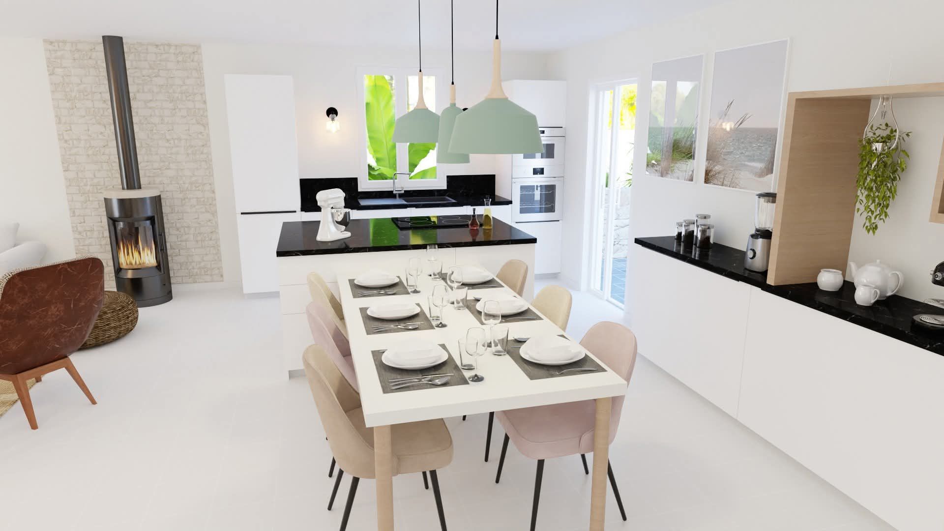 Une cuisine avec une table à manger et des chaises et une cheminée.