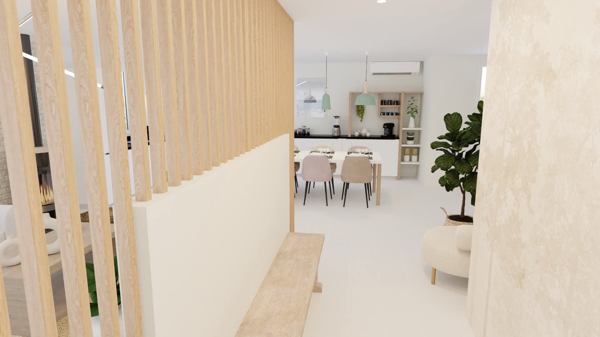 Un rendu 3D d'un salon avec une cloison en bois entre le salon et la salle à manger.