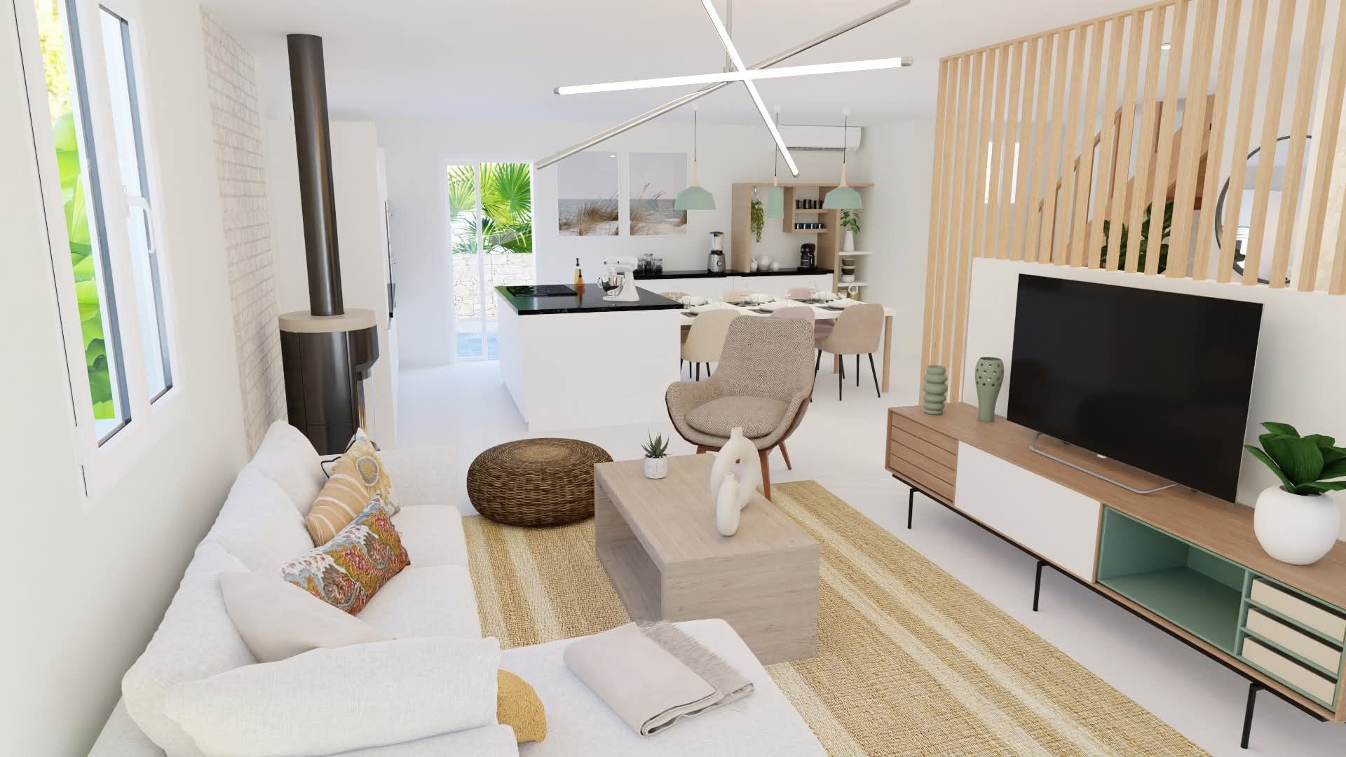 Un salon avec un canapé, une chaise, une table basse et une télévision.