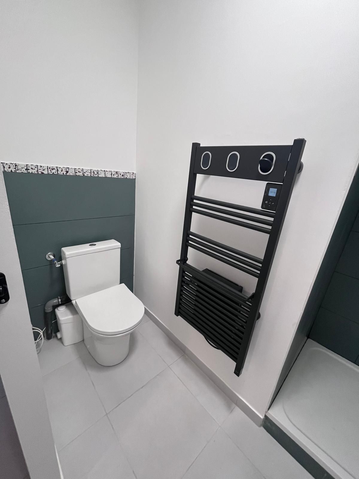 Une salle de bain avec WC, sèche-serviettes et douche.