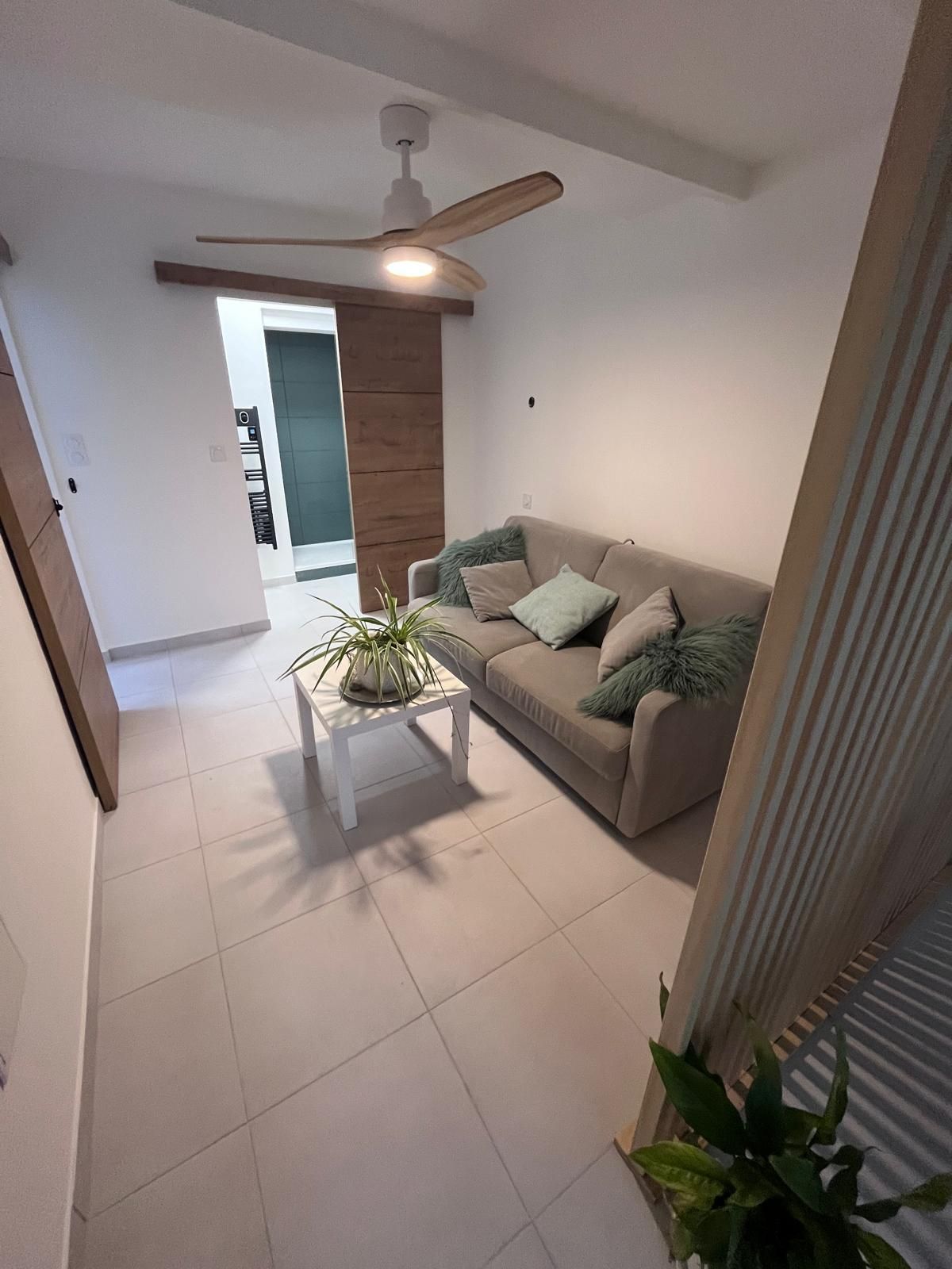 Un salon avec un canapé, une table basse et un ventilateur de plafond.