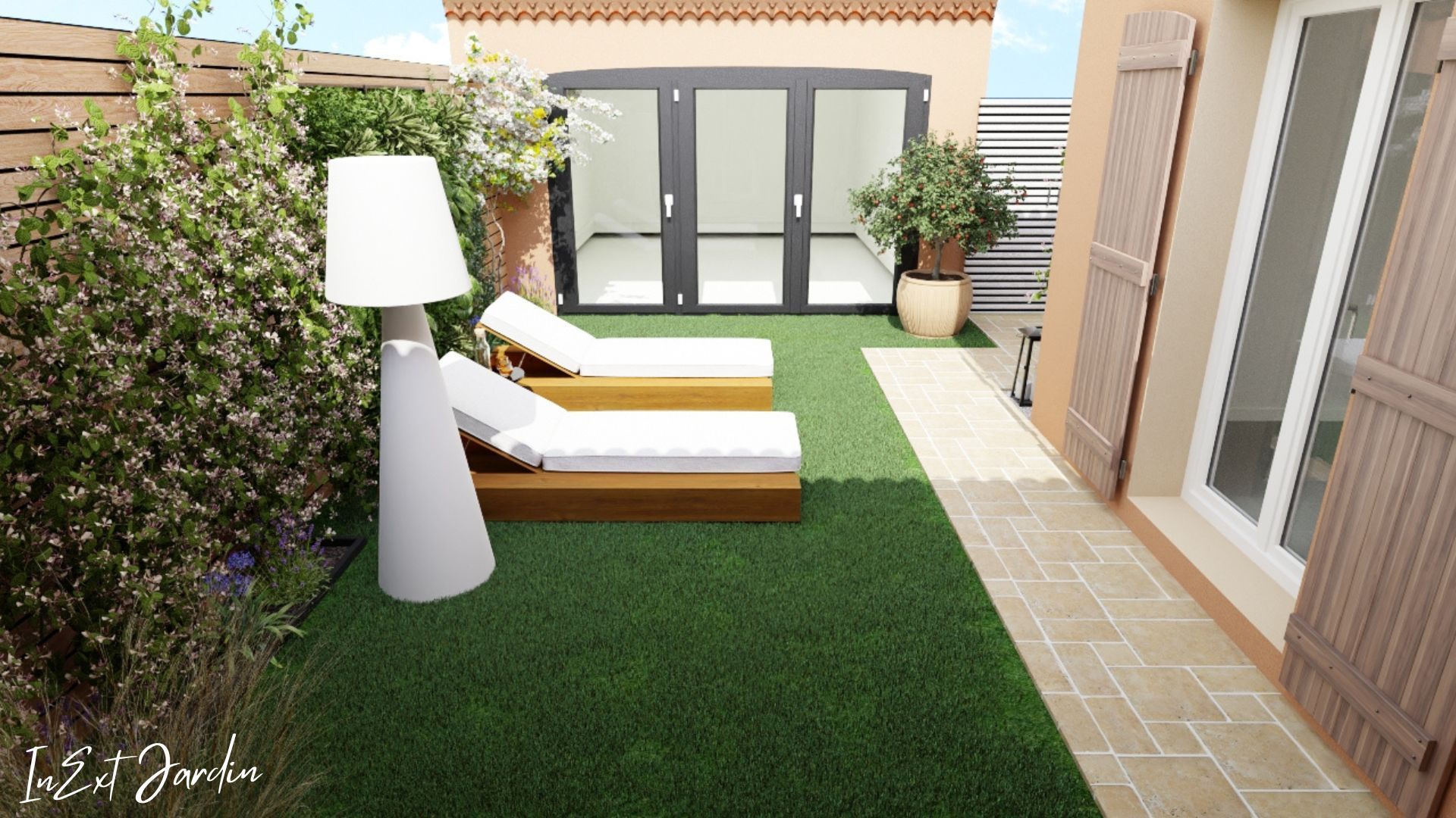 Un rendu d'une cour arrière avec des chaises de jardin et une lampe