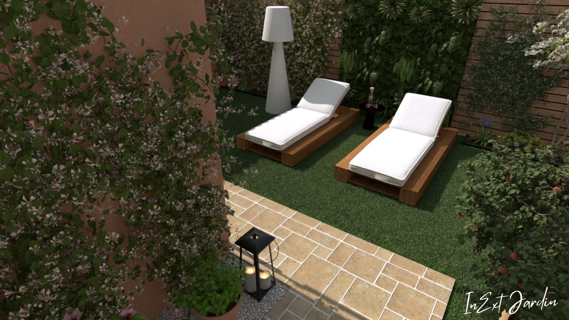 Un patio avec deux chaises longues et une lampe