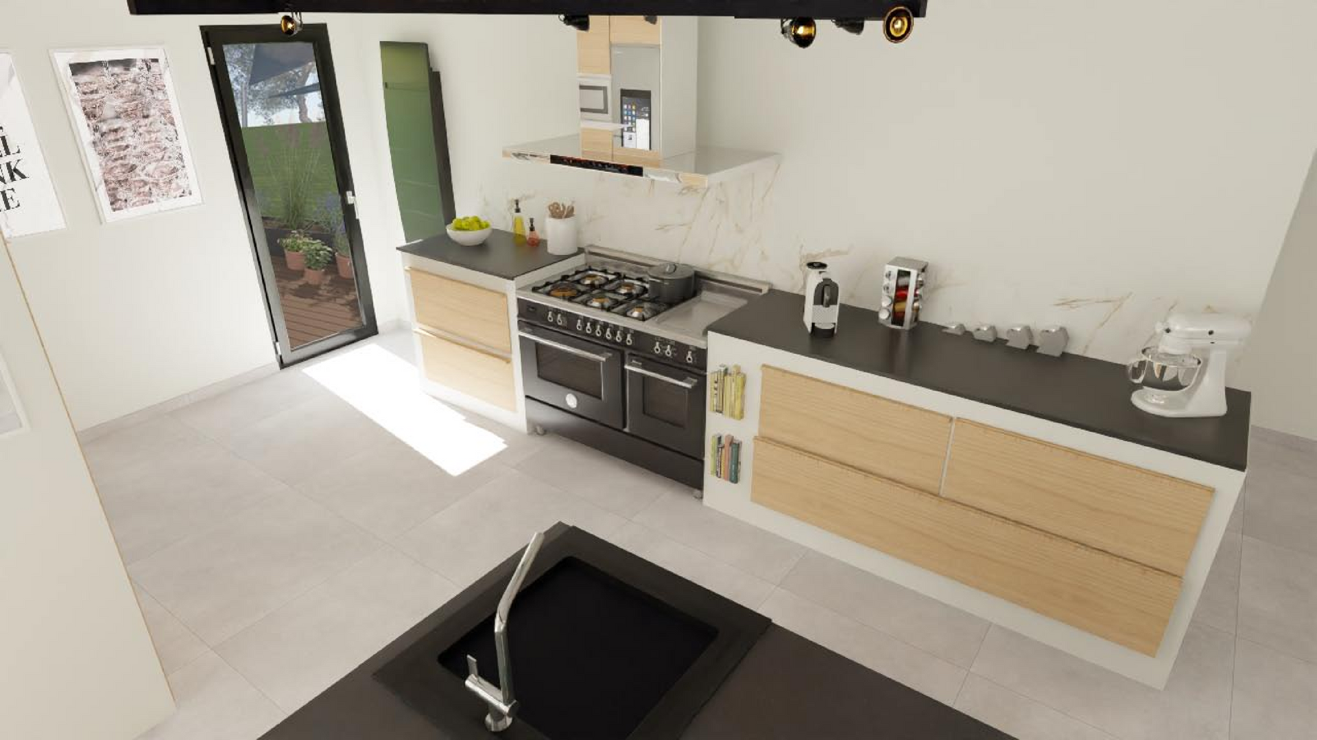 Un rendu 3D d'un jardin avec une maison en arrière-plan.