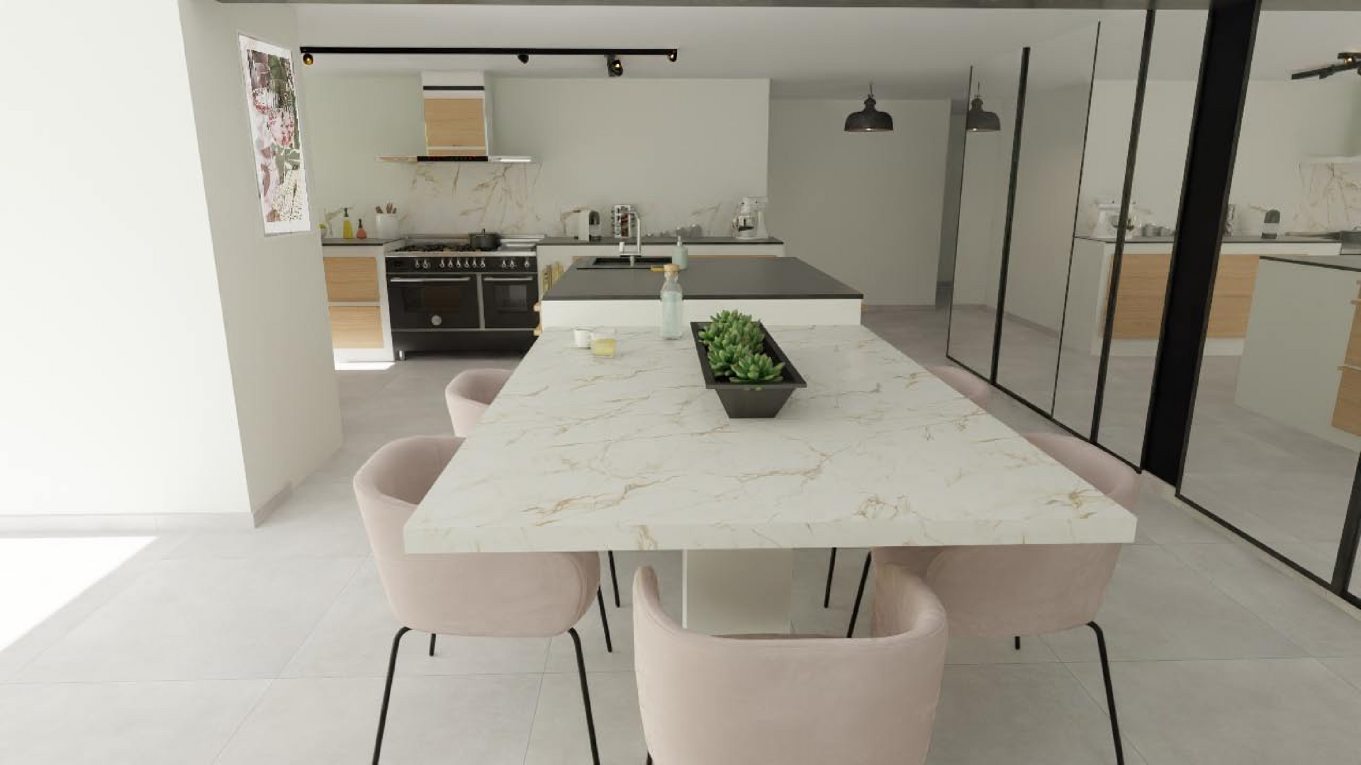 Une image générée par ordinateur d'un jardin avec une passerelle qui y mène.