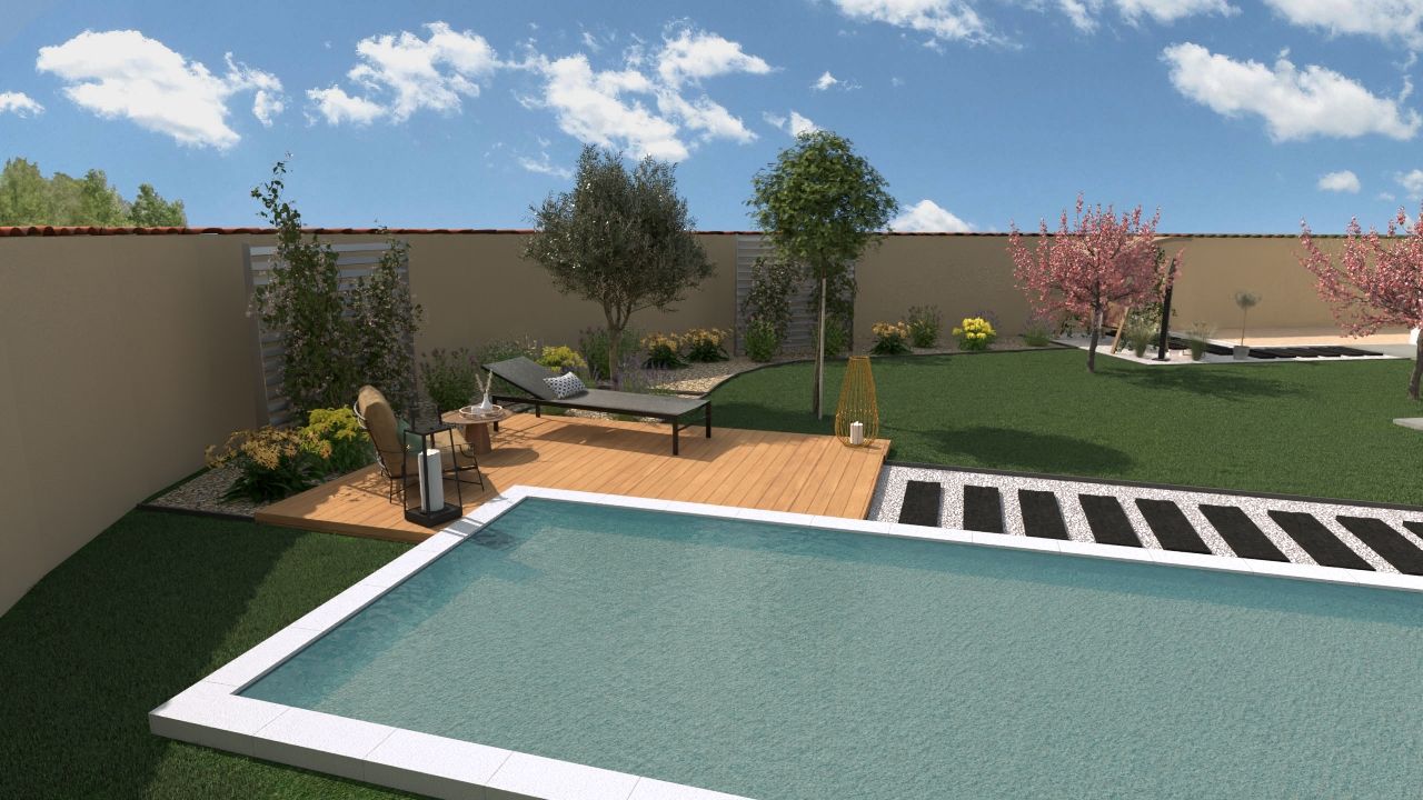 Cour arrière avec piscine, terrasse, meubles de salon, pelouse, arbres et ciel bleu ensoleillé.