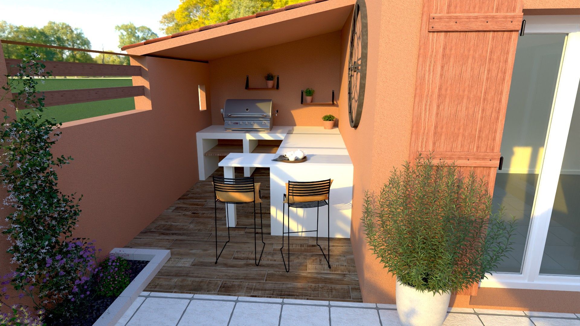 Un rendu 3D d'un patio avec une table et des chaises