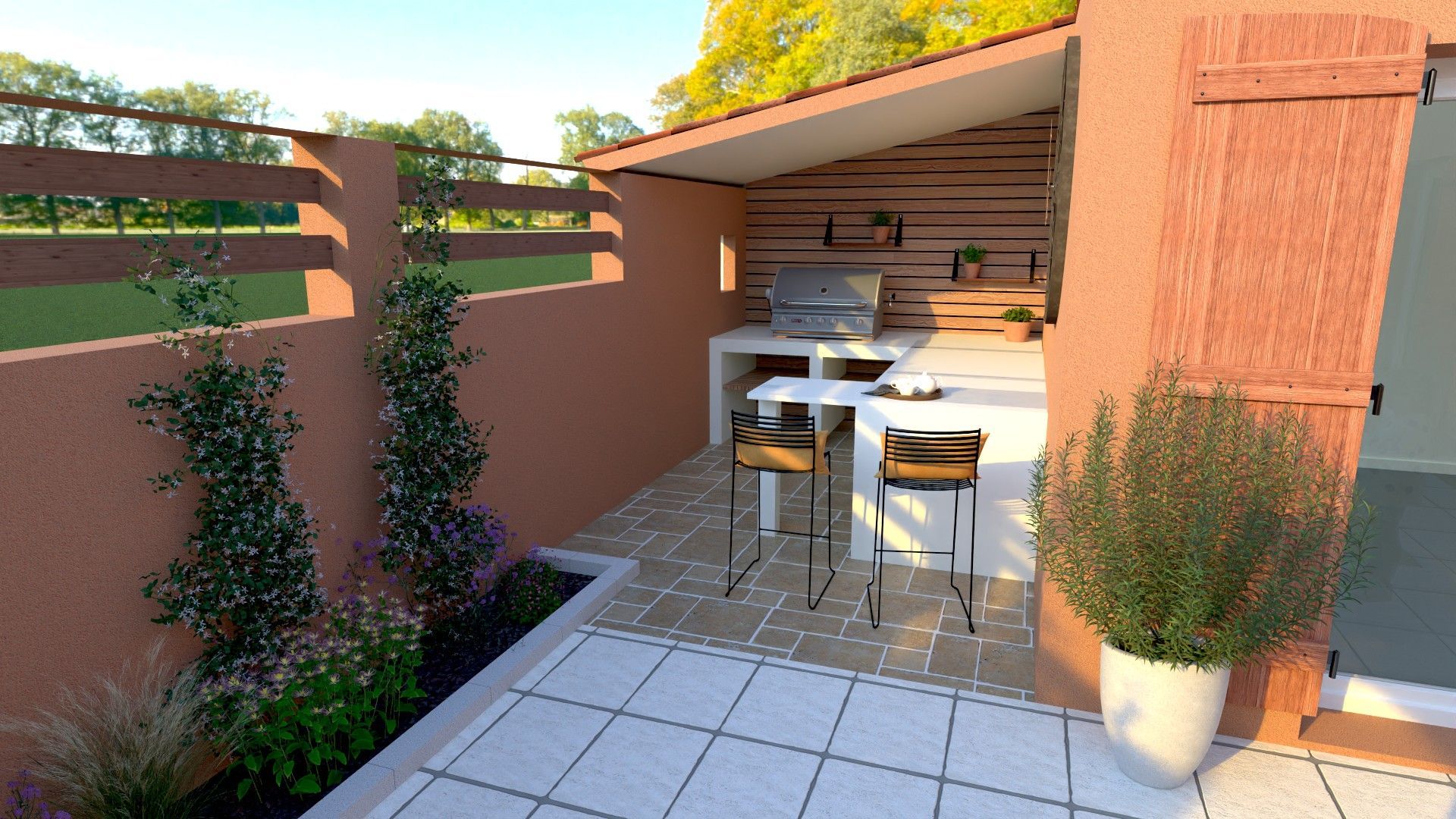 Un rendu 3D d'un patio avec une table et des chaises