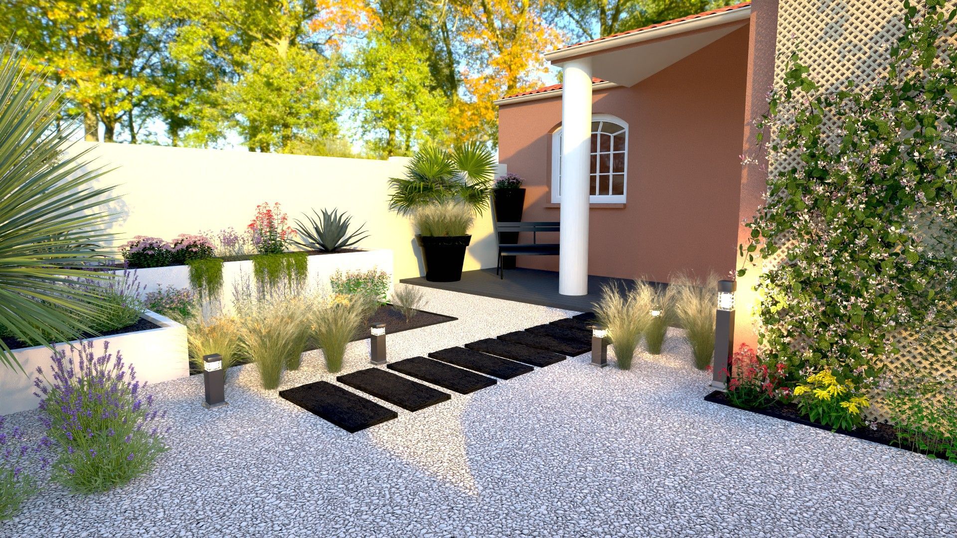 Terrasse en bois avec des outils et un arbre, contre un mur en béton sous un ciel bleu.