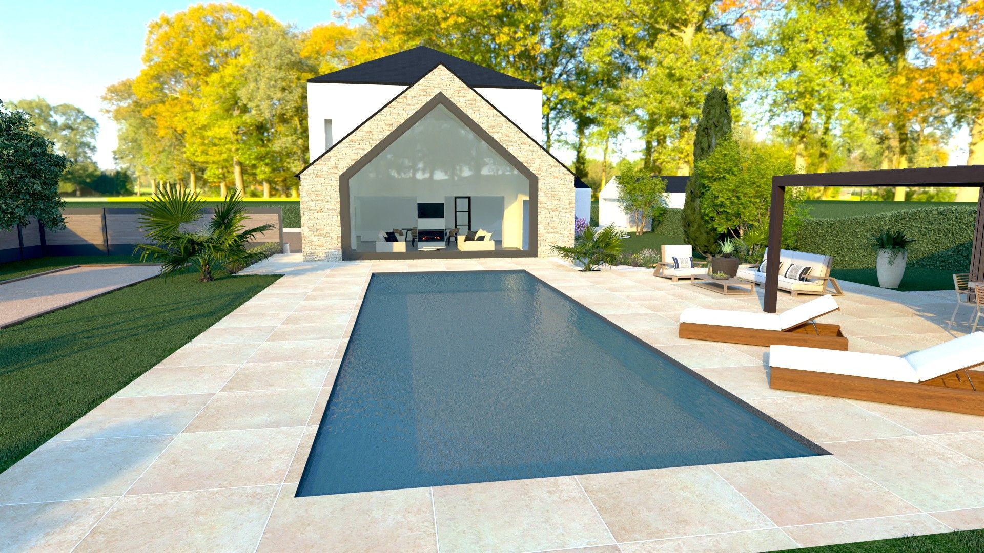 Piscine avec eau bleu clair, patio en pierre, chaise, cour en gravier et arbres sous un ciel ensoleillé.