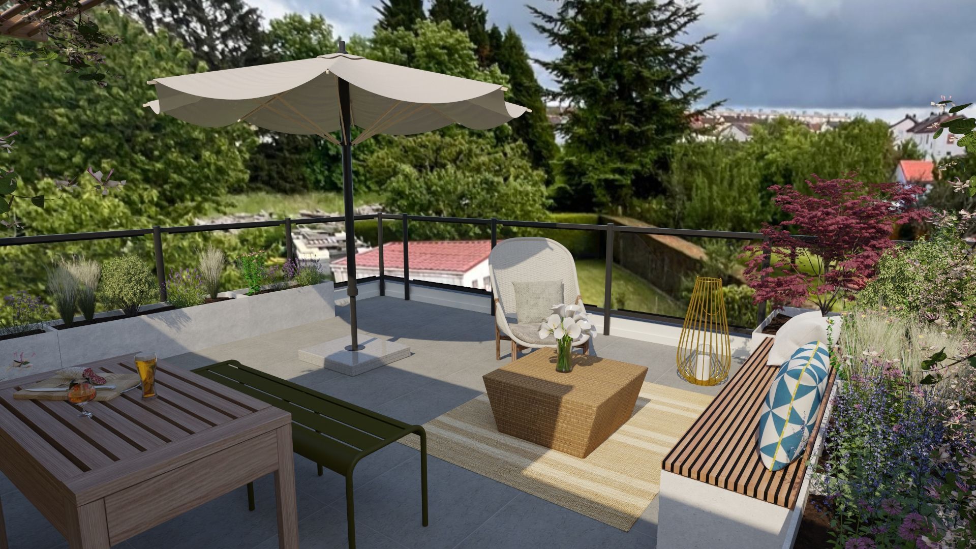 Vue aérienne d'un patio moderne avec un bain à remous, des sièges et un tapis à motifs dans un cadre lumineux.