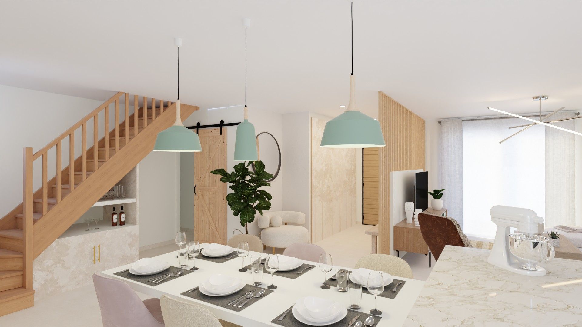 Une salle à manger avec une table et des chaises et un escalier en arrière-plan.