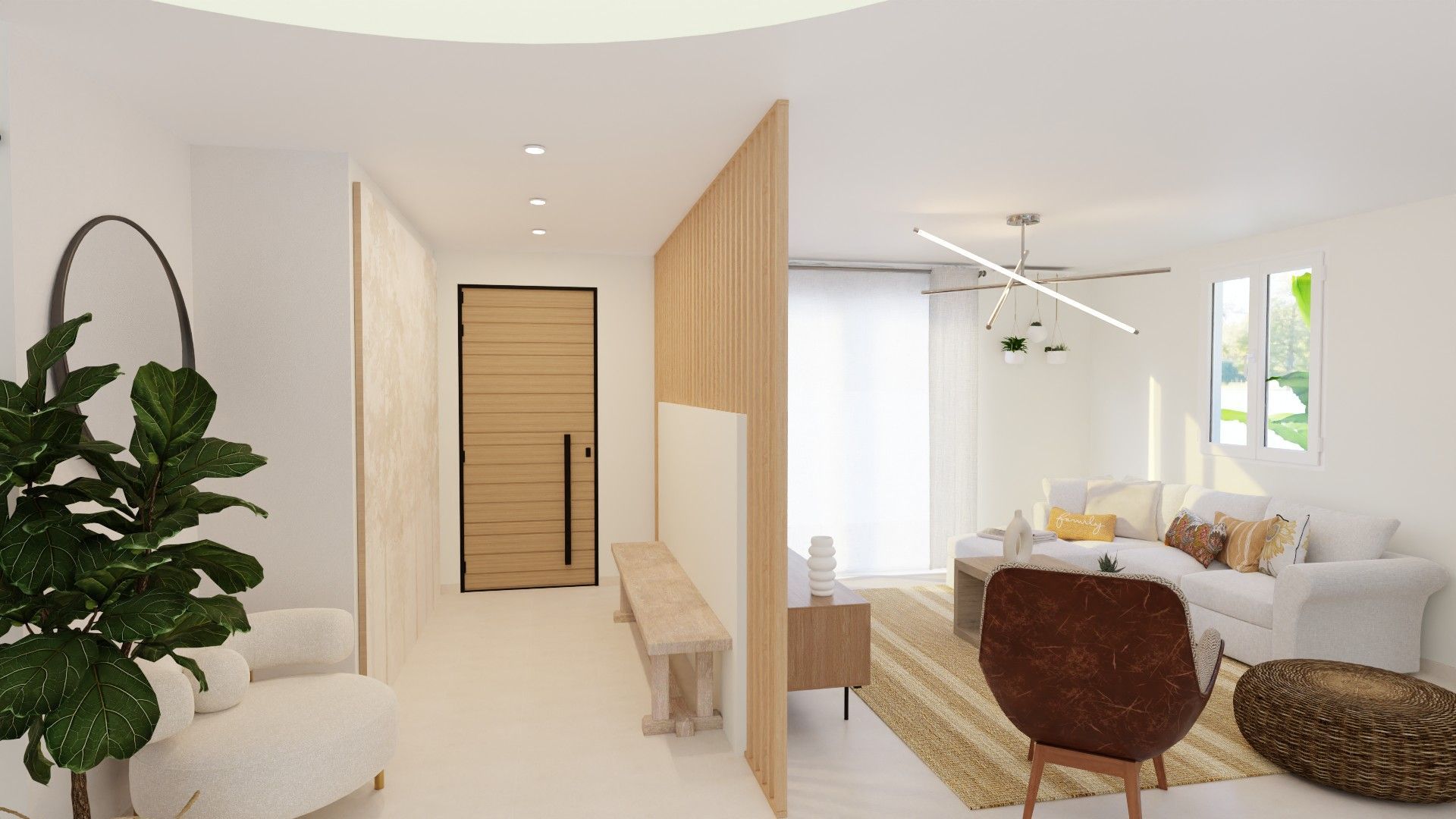 Un salon avec un canapé, une chaise, une table et une plante.