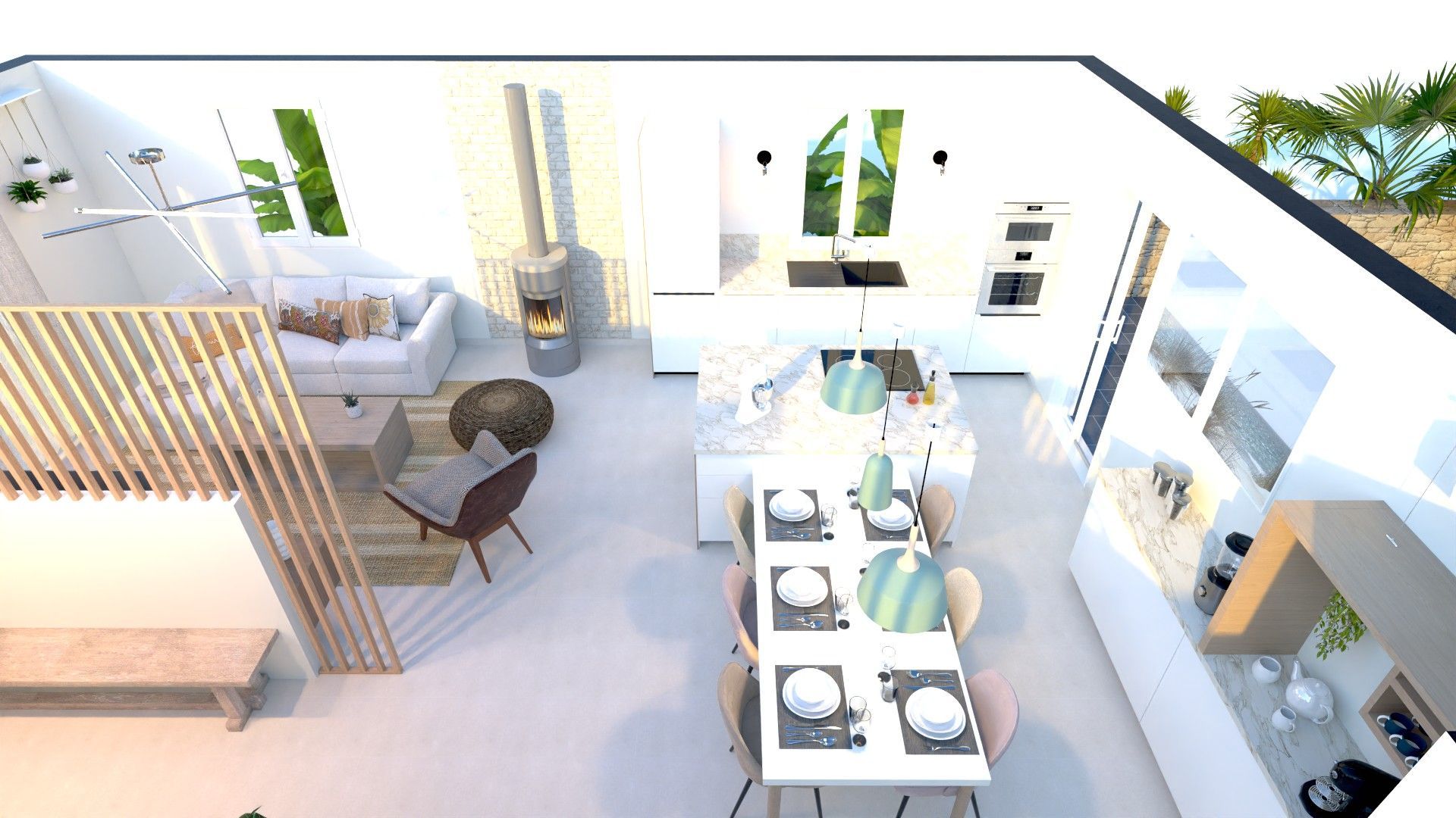 Une vue aérienne d'un salon et d'une salle à manger avec une table et des chaises.