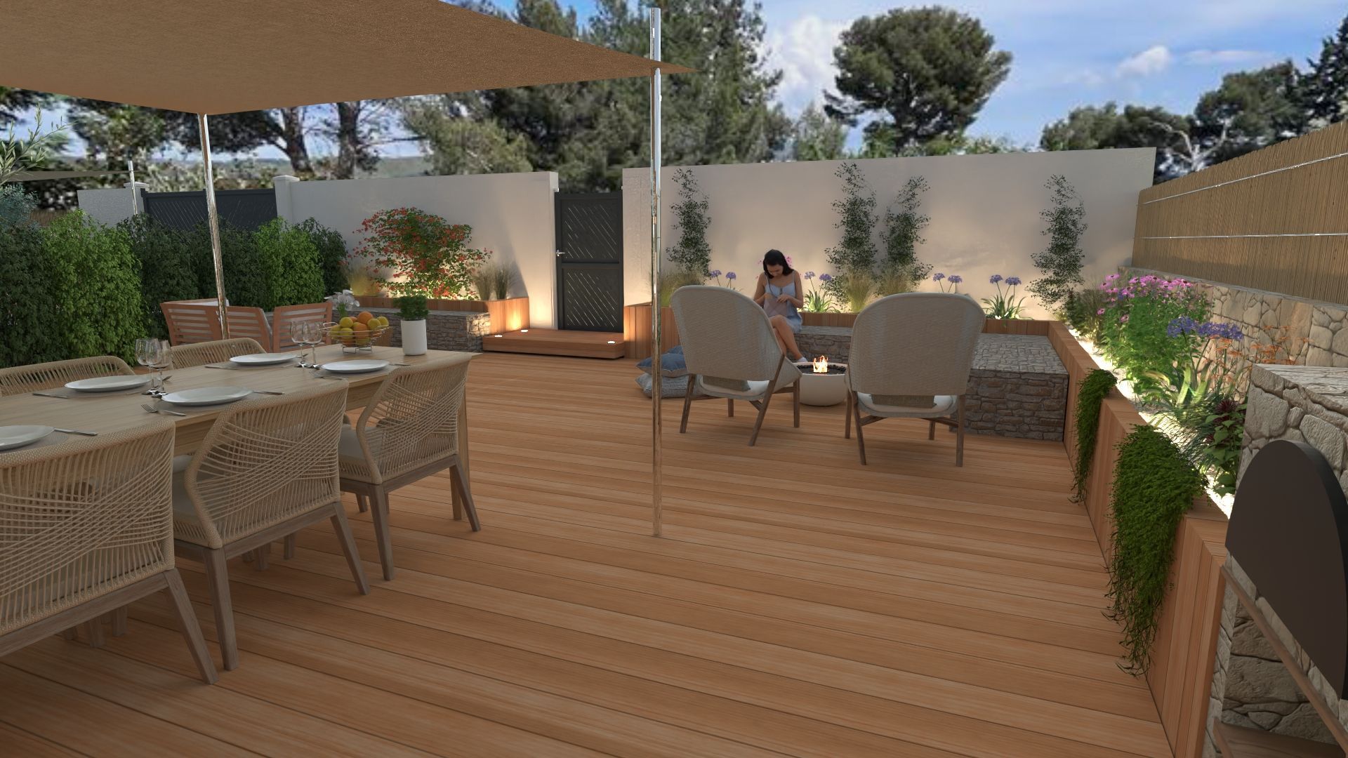 Long espace extérieur avec gravier et pierre, menant à un bâtiment avec porte, sous un ciel clair.