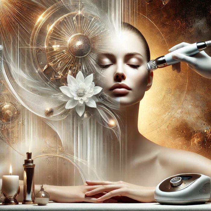 Una mujer recibe un tratamiento facial con una flor en el cabello.