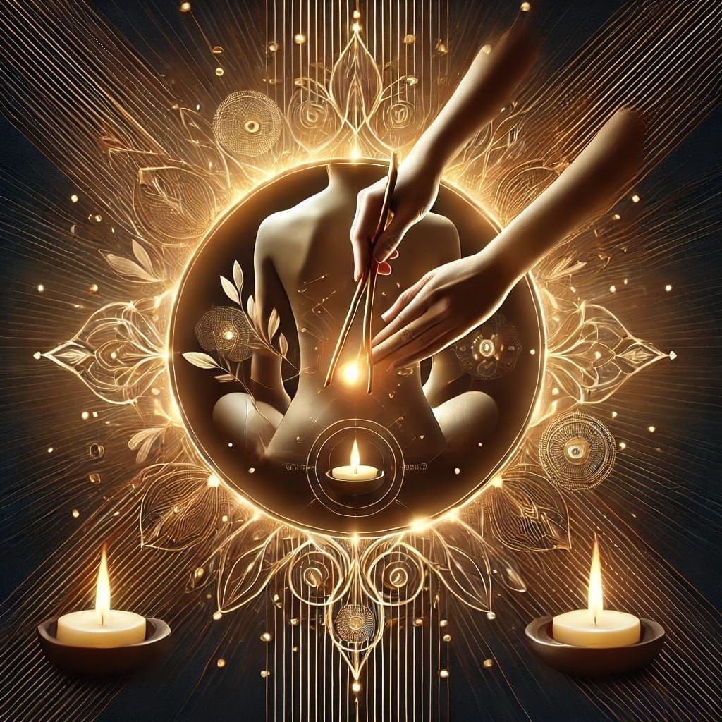 Una mujer está recibiendo un masaje en círculo con velas.