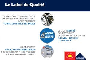 Image promouvant un label de qualité. Le texte décrit les attributs du label : compétence technique, design simple et service de qualité.