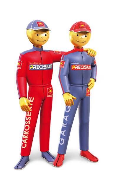 Deux mascottes du service Precisium portant des uniformes de travail, l'un rouge et l'autre bleu, se tenant par les bras.