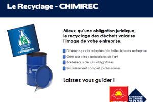 Publicité pour les services de recyclage CHIMIREC. Barils bleus et logo, texte en français.