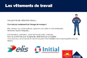 Diapositive promotionnelle sur les vêtements de travail, montrant une personne en uniforme, des logos d'entreprises et du texte en français.