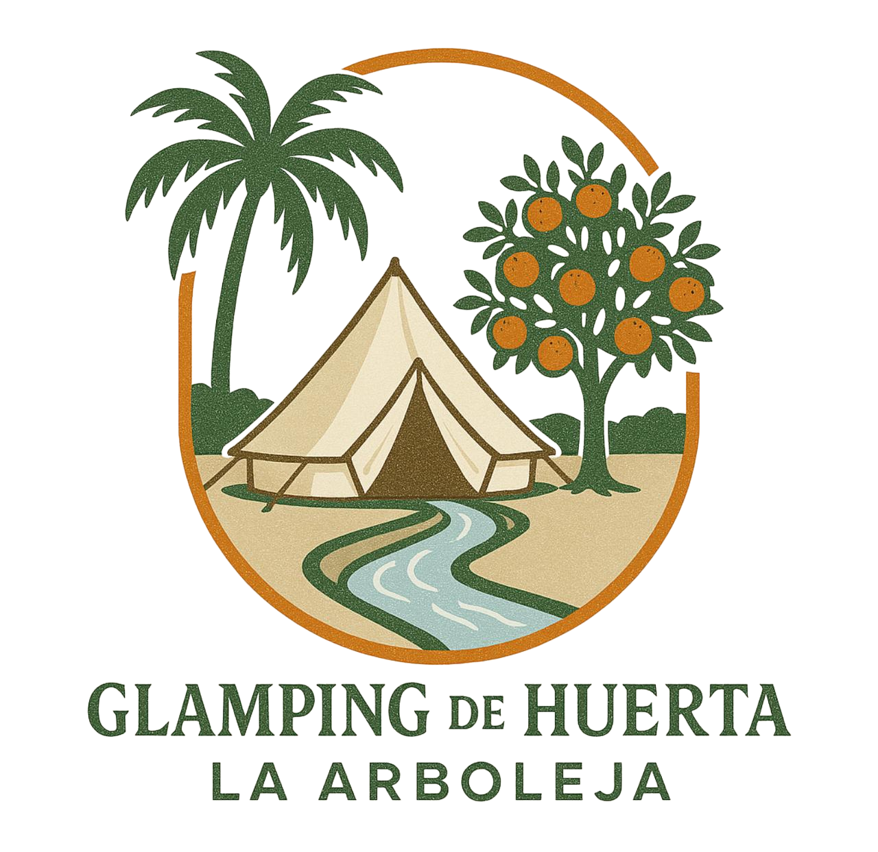 Logotipo de Glamping de Huerta La Arboleja: tienda de campaña, palmera, naranjo, río, en un marco circular.
