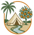 Escena de campamento con tienda de campaña, palmera, naranjo y río dentro de un marco circular.