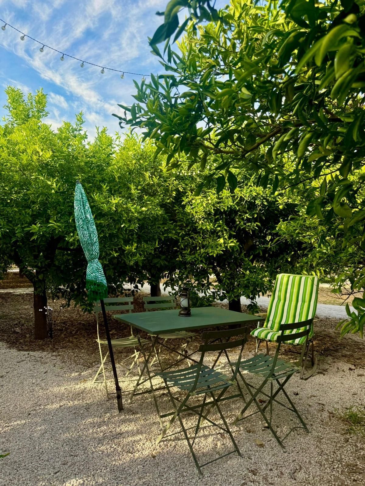 Comedor al aire libre bajo los árboles. Mesa verde, sillas y sombrilla sobre grava. Cielo soleado.