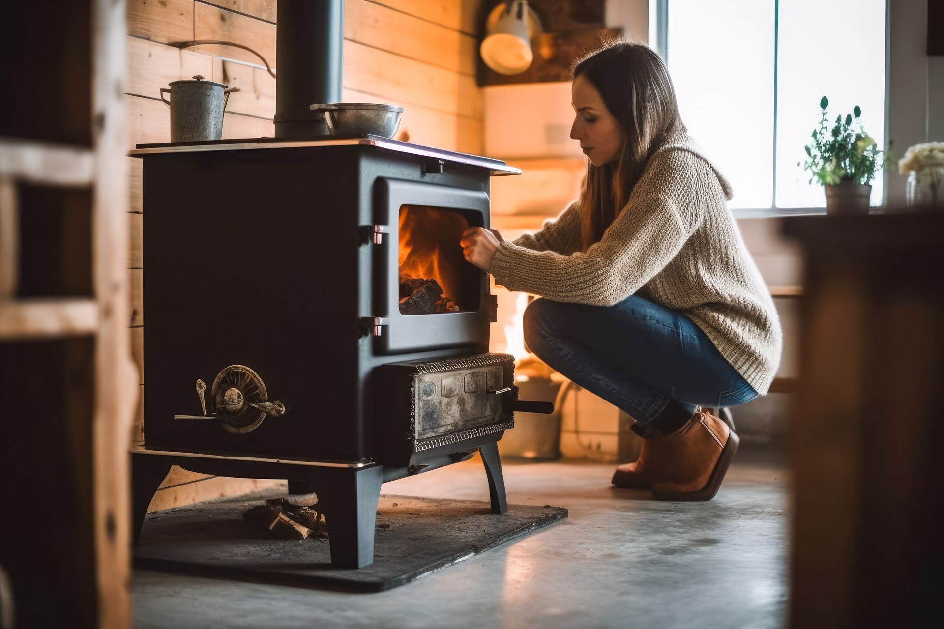 Femme devant un poêle à bois