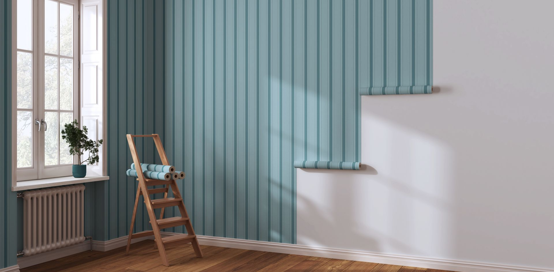 Une pièce aux boiseries turquoise, une échelle en bois et une fenêtre. Un mur est partiellement recouvert de lambris.