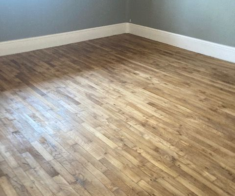 Plancher de bois franc dans une pièce vide avec plinthes blanches et murs bleu clair.