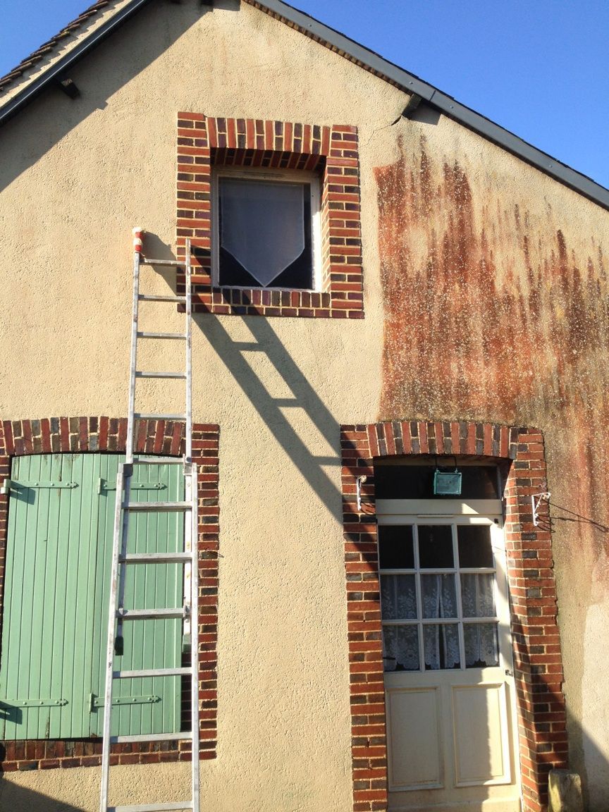 Un bâtiment aux façades de briques, avec une fenêtre, une porte et des volets verts ; une échelle est appuyée contre le mur.
