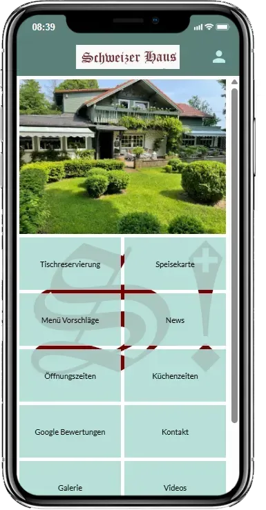Mobile screen showing a house photo and clickable grid with categories like 