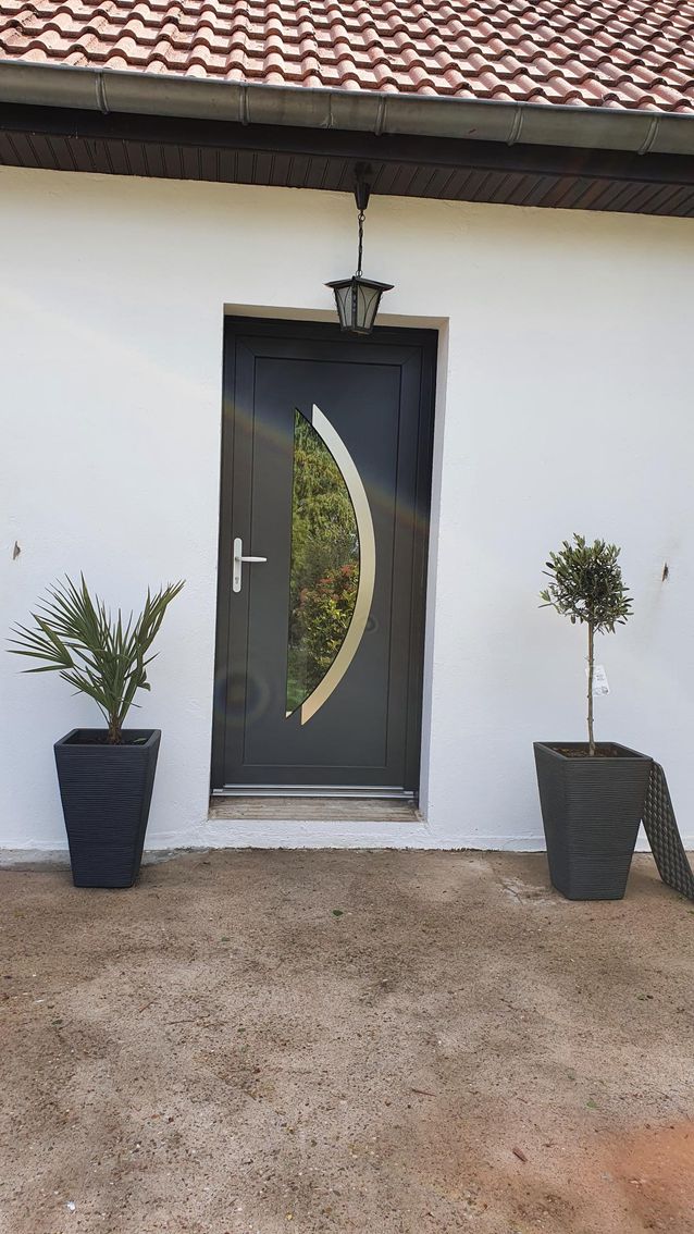 Porte d'entrée grise avec fenêtre cintrée, flanquée de plantes en pot, sous une applique murale.