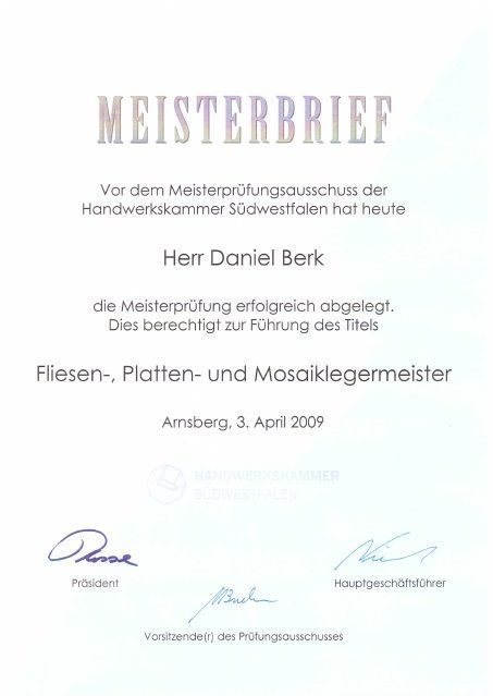 Meisterbrief Daniel Berk