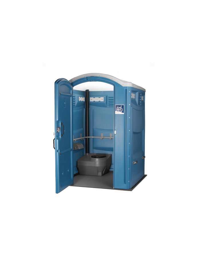 Un baño portátil azul con un inodoro dentro.